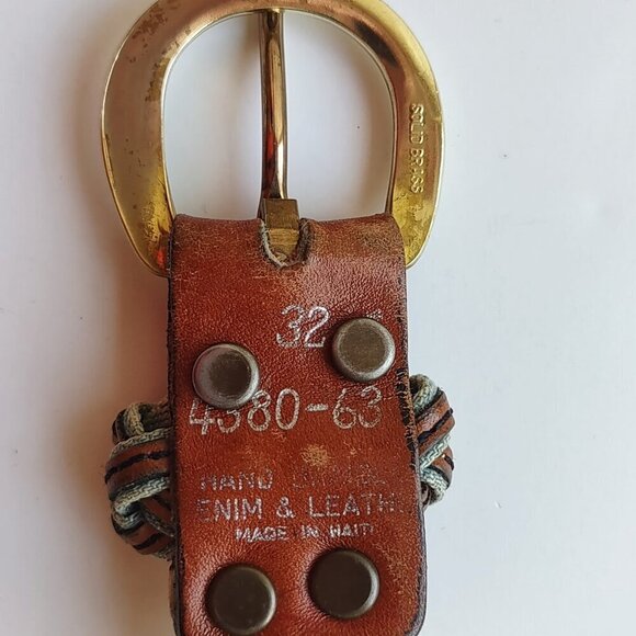 Vintage LEVI'S Hand Braided Leather & Denim Belt Orange Tab Brass Buckle Sz 32 - Picture 8 of 13